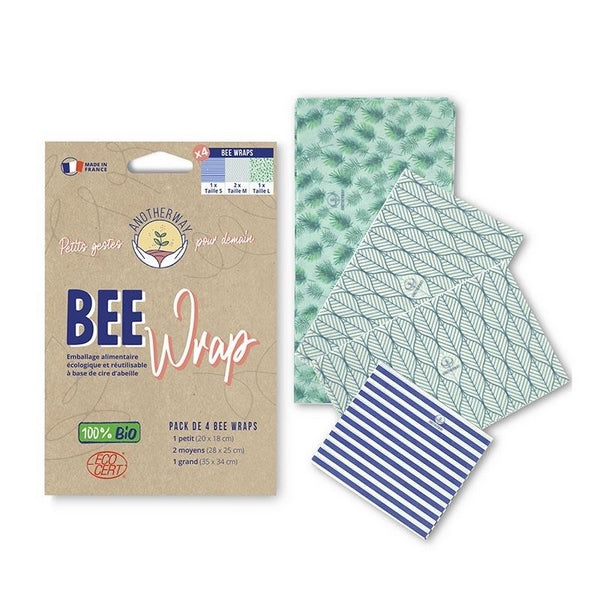 Un pack de 4 bee wrap emballages alimentaires réutilisables bio de la marque Anotherway