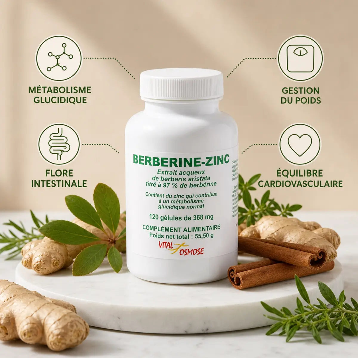 Berbérine 350mg VitalOsmose - Flacon avec icônes bénéfices glycémie, poids et santé digestive