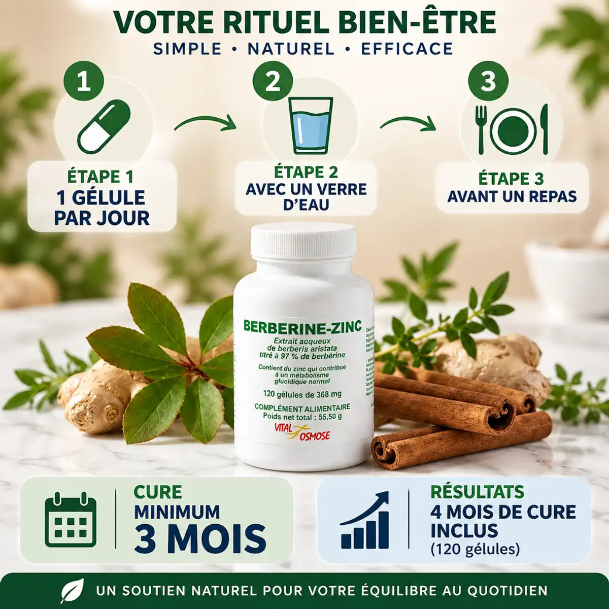 Berbérine 350 mg VitalOsmose avec guide posologie : 1 gélule par jour avant repas pour gestion glycémie et poids
