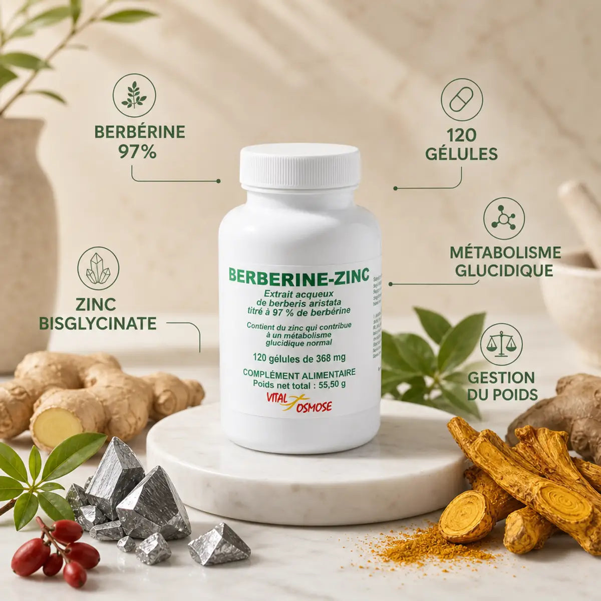 Berbérine 350 mg VitalOsmose avec zinc, gélules pour gestion poids et glycémie