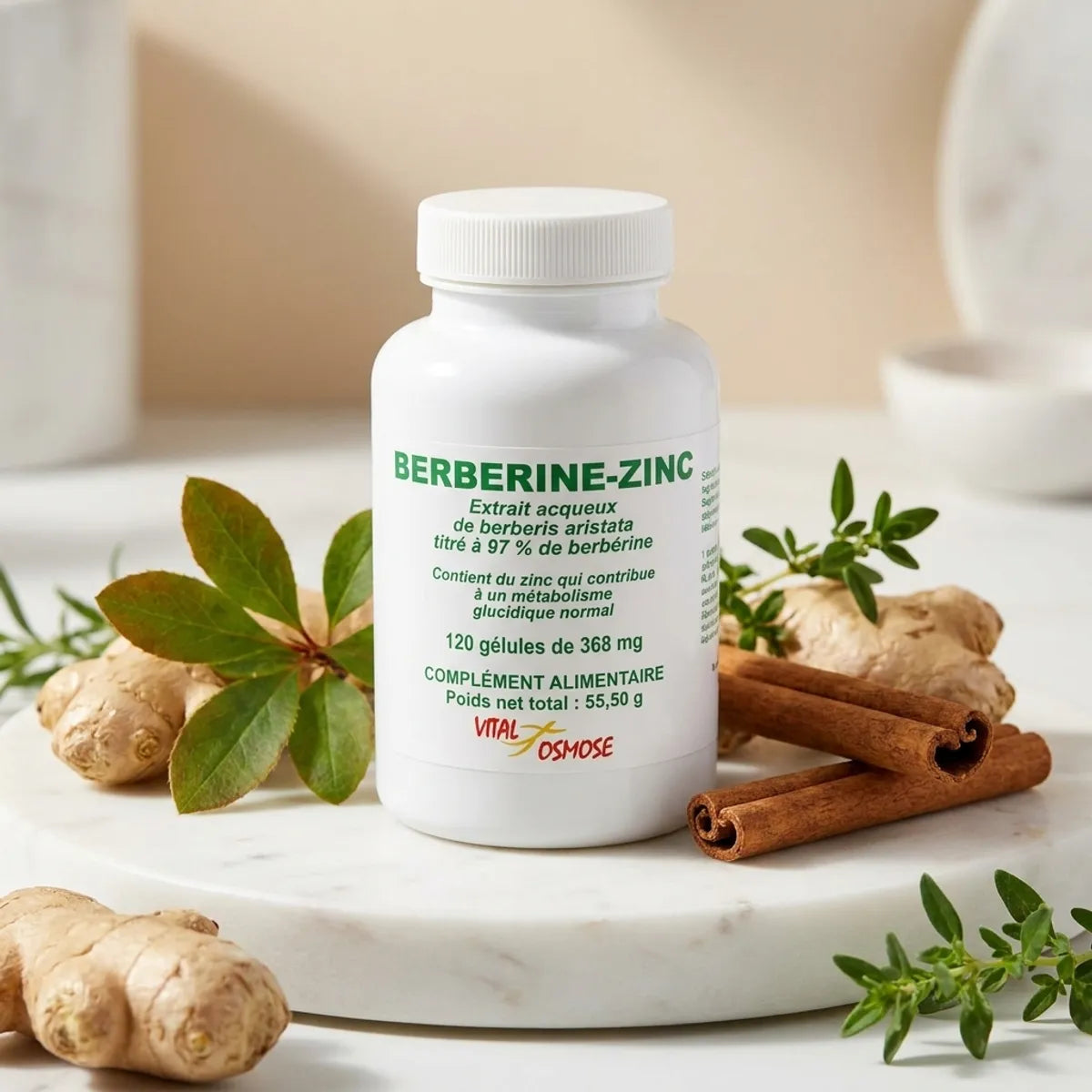 Berbérine 350 mg VitalOsmose avec gingembre et cannelle pour la gestion du poids et glycémie
