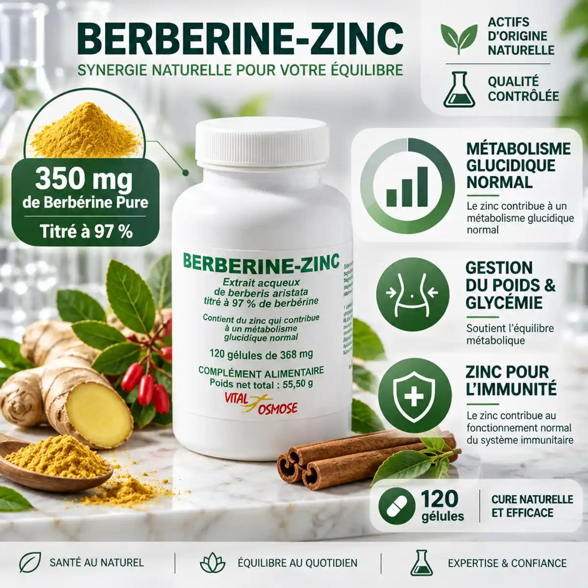 Berbérine 350 mg 120 gélules VitalOsmose pour gestion poids glycémie avec zinc immunité