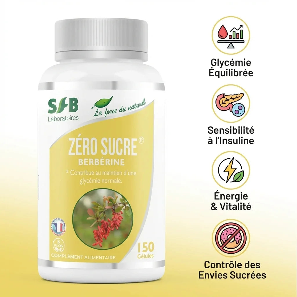 Berbérine Zéro Sucre 75 gélules SFB Laboratoire avec infographie des 4 bénéfices santé
