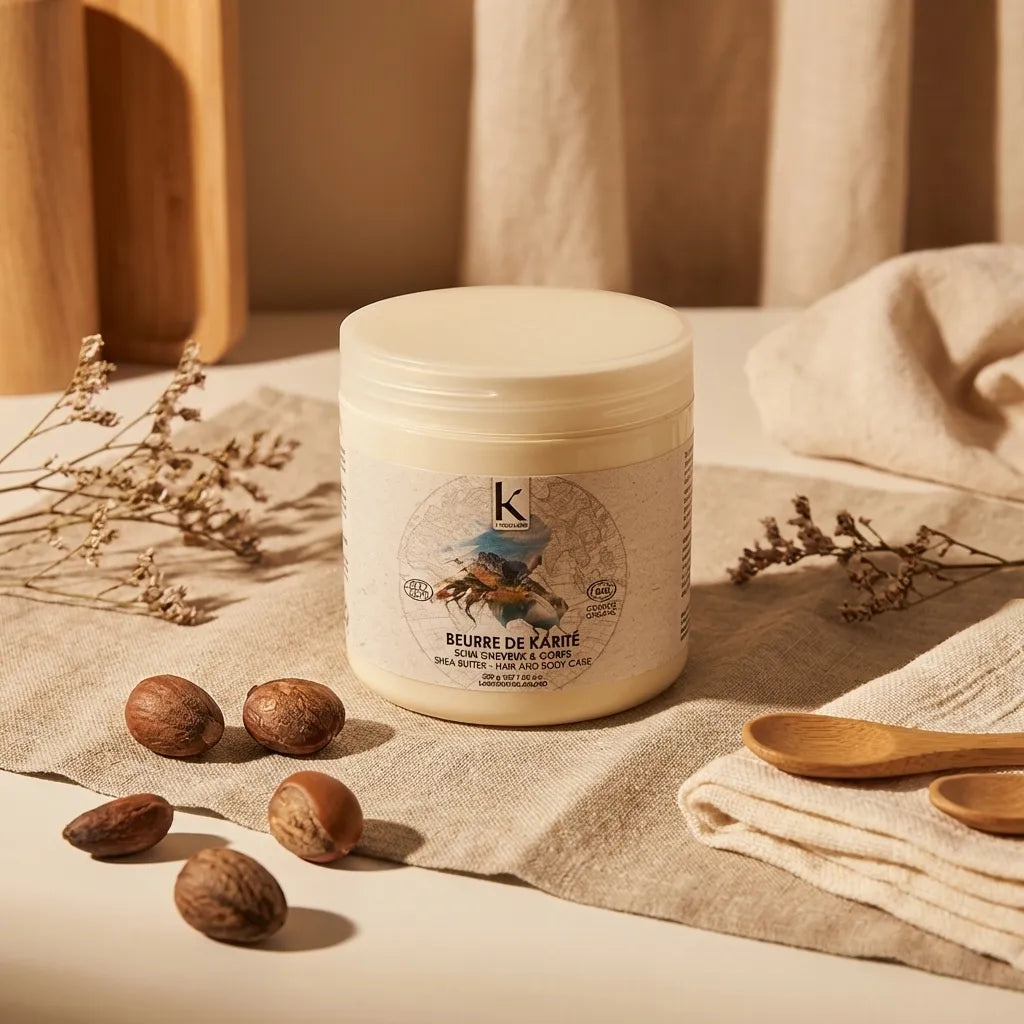 Pot de beurre de karité K pour Karité 200g entouré de noix de karité et accessoires naturels