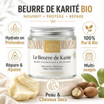Beurre de Karité Bio 100ml avec icônes bénéfices hydratation réparation peau cheveux secs