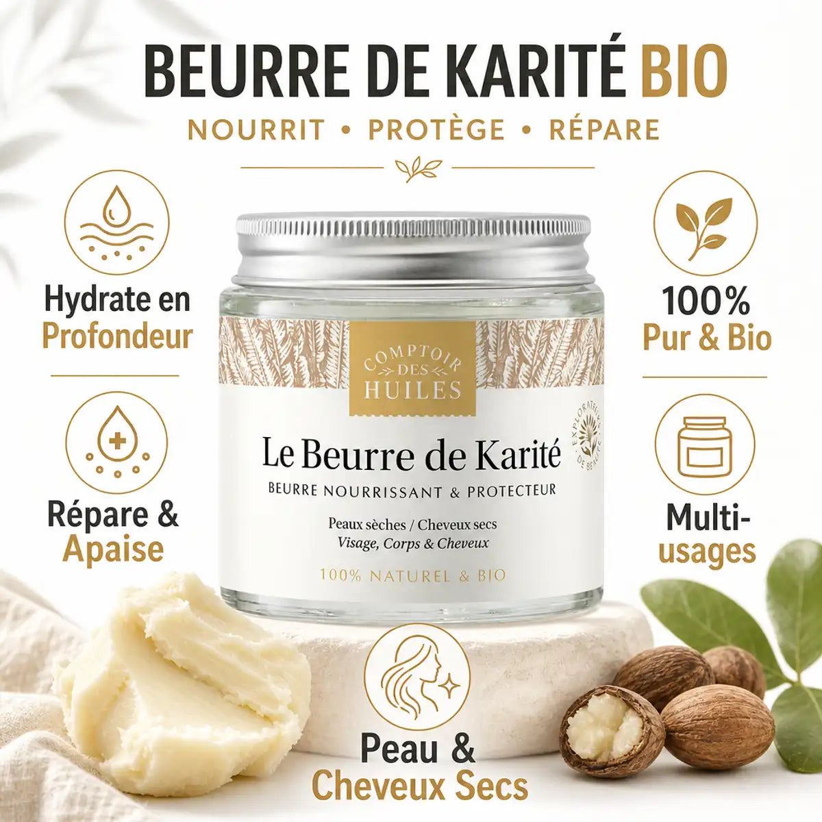 Beurre de Karité Bio 100ml avec icônes bénéfices hydratation réparation peau cheveux secs