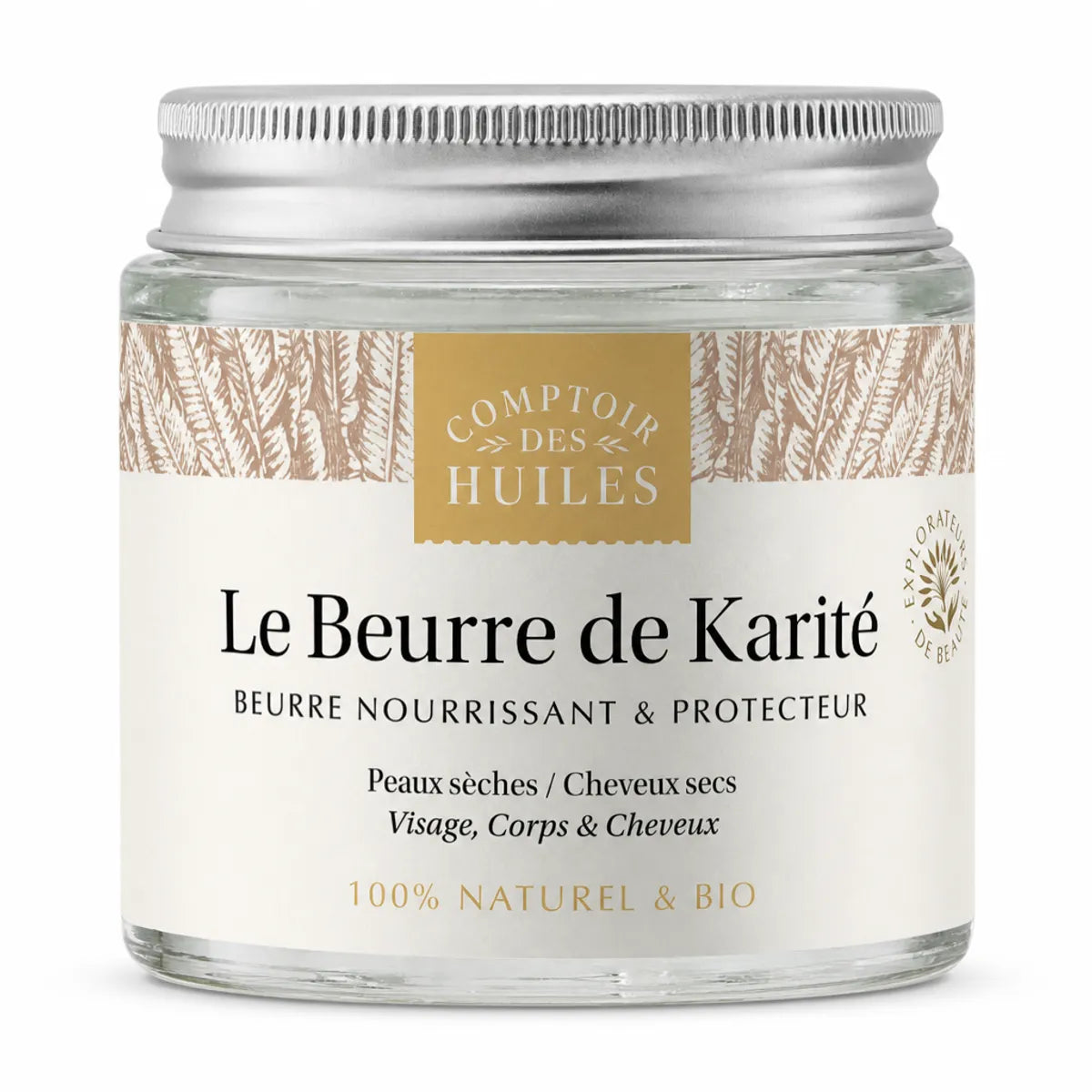 Beurre de Karité Bio 100 ml Comptoir des Huiles en pot verre avec étiquette beige