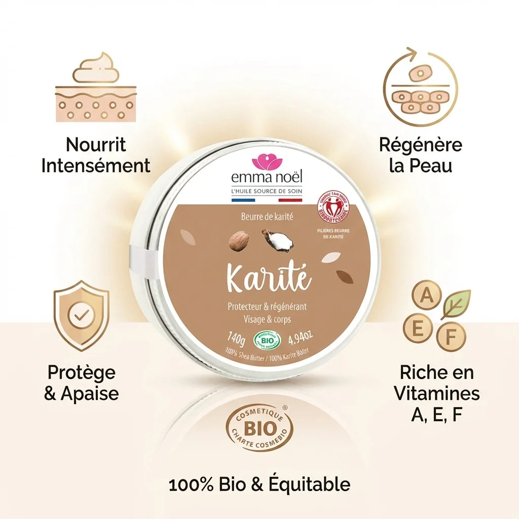 Beurre de Karité Bio 140g Emma Noël avec ses 5 bénéfices clés affichés