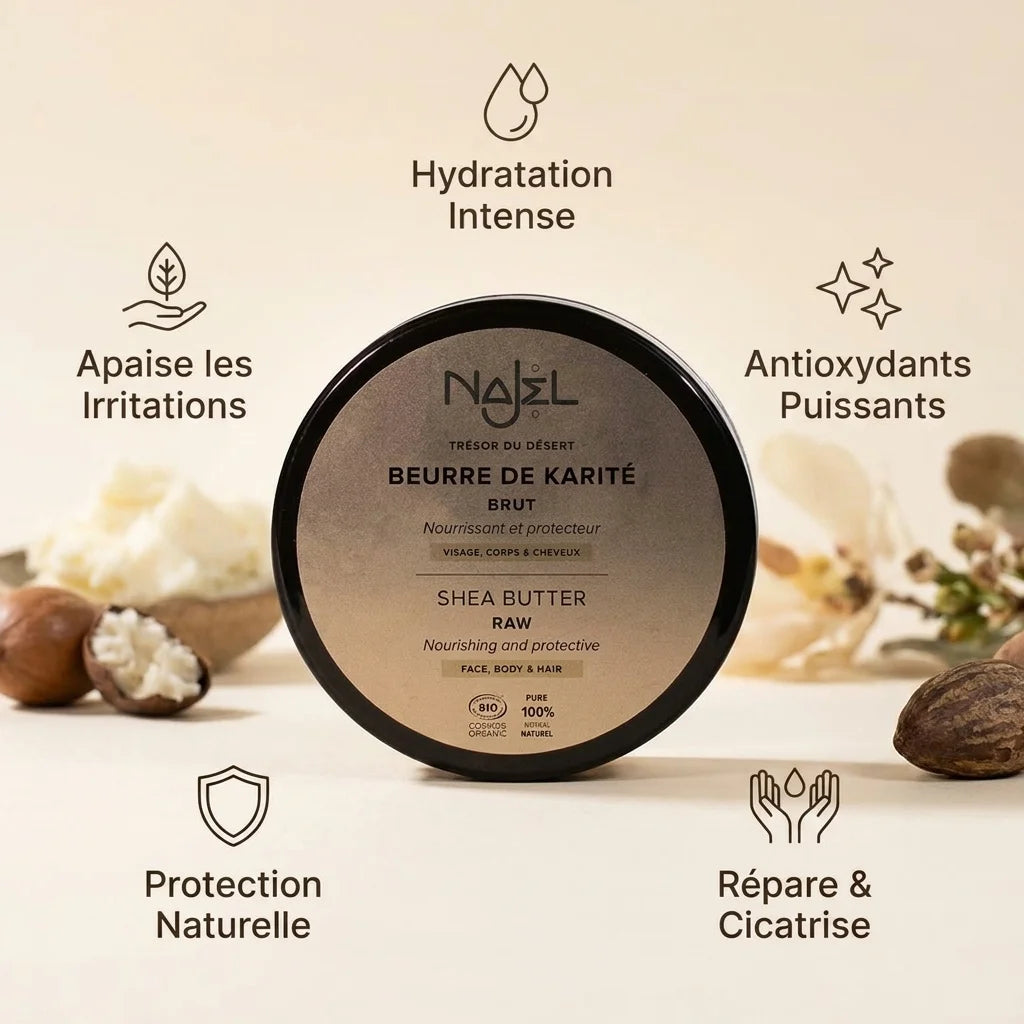 Beurre de Karité Brut Bio Najel 100g avec infographie des 5 bénéfices hydratation et réparation