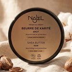 Beurre de karité brut bio Najel 100g pot noir sur surface lin beige naturel