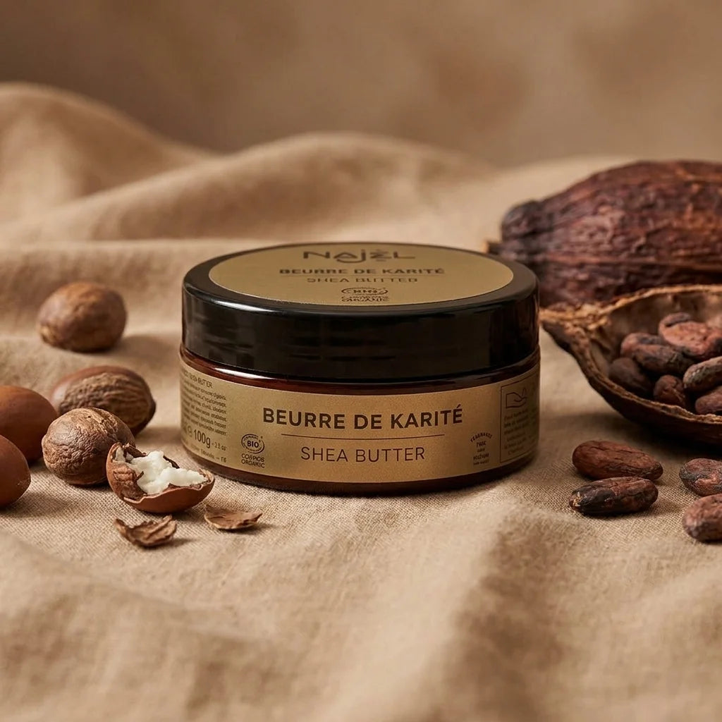 Beurre de karité brut bio Najel 100g avec ingrédients naturels sur tissu beige