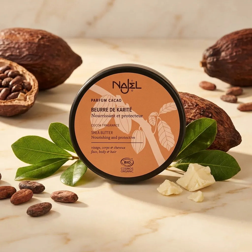 Beurre de karité parfum cacao Najel bio en pot orange, ingrédients naturels et feuilles de karité