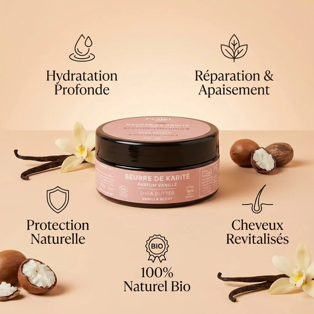 Beurre de Karité Vanille Najel 100g avec bénéfices hydratation et réparation naturelle