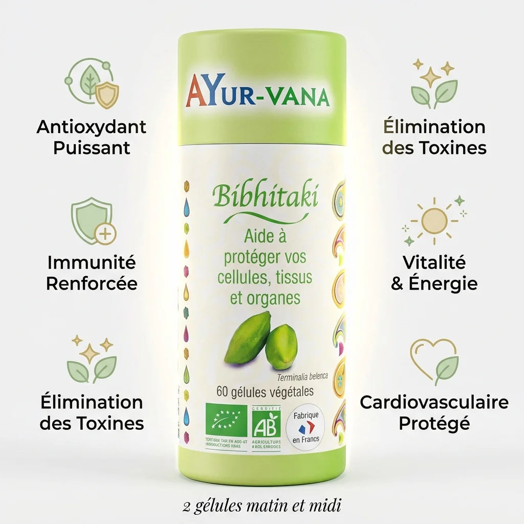 Bibhitaki bio 60 gélules Ayurvana - Complément antioxydant immunité en flacon vert