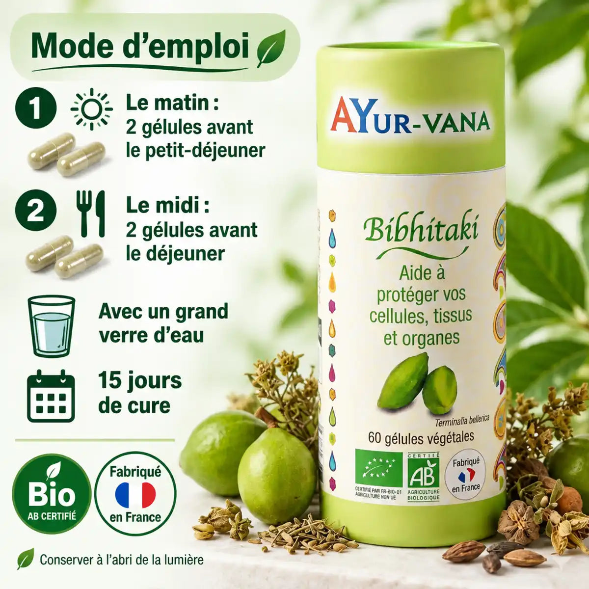 Bibhitaki bio Ayurvana : boîte de 60 gélules entourée de fruits frais et guide de cure en 15 jours