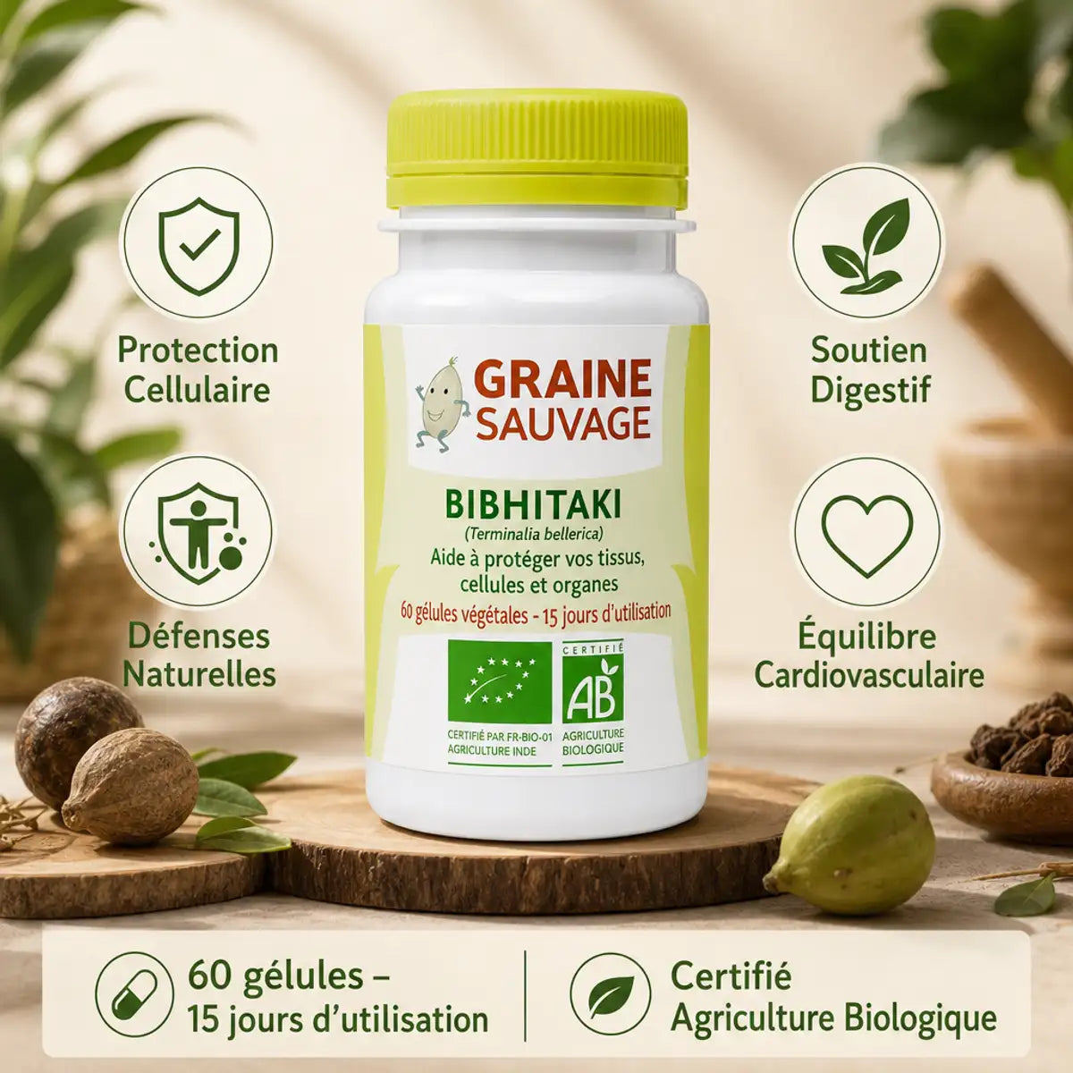 Bibhitaki bio 60 gélules Graine Sauvage avec bénéfices : protection cellulaire, soutien digestif et défenses naturelles