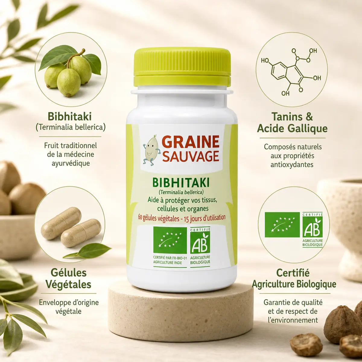 Bibhitaki bio 60 gélules Graine Sauvage avec ingrédients et certification agriculture biologique