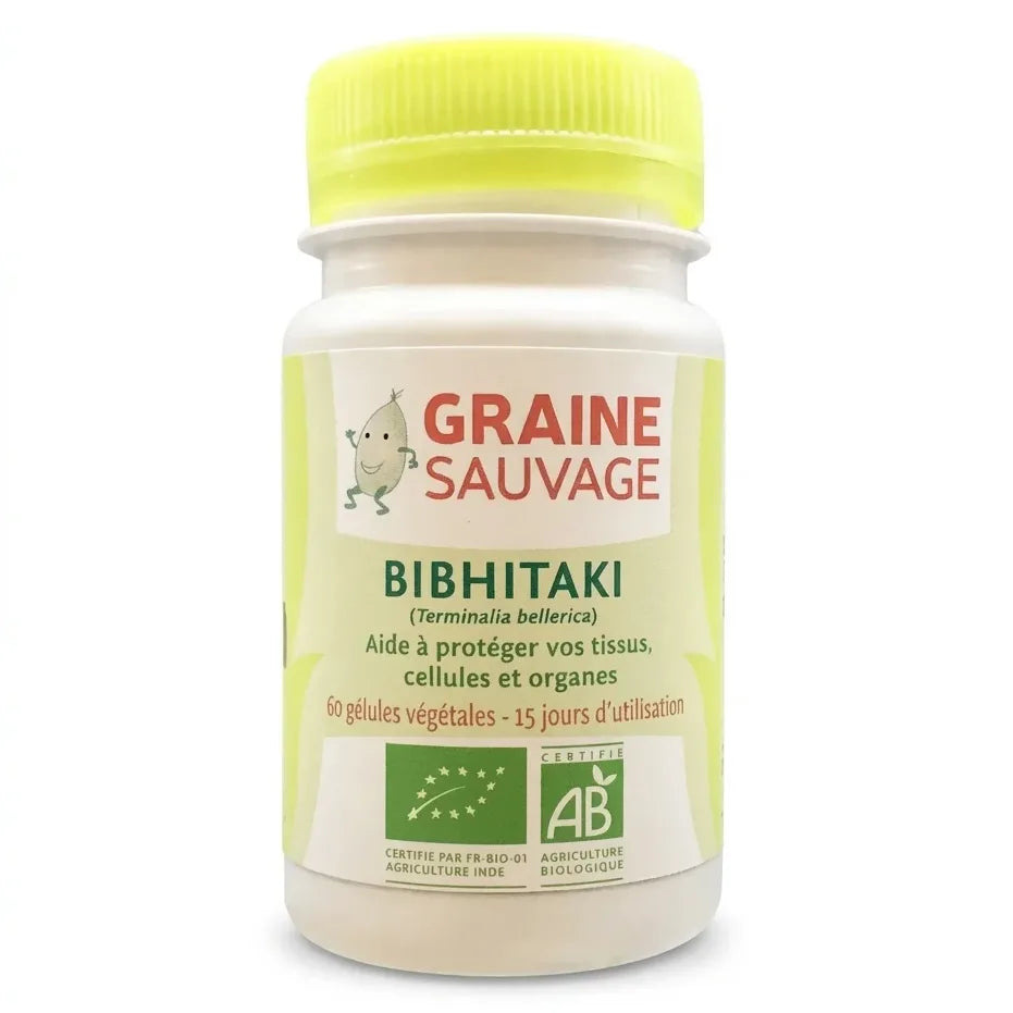 Flacon Bibhitaki bio 60 gélules Graine Sauvage sur fond blanc, complément alimentaire certifié