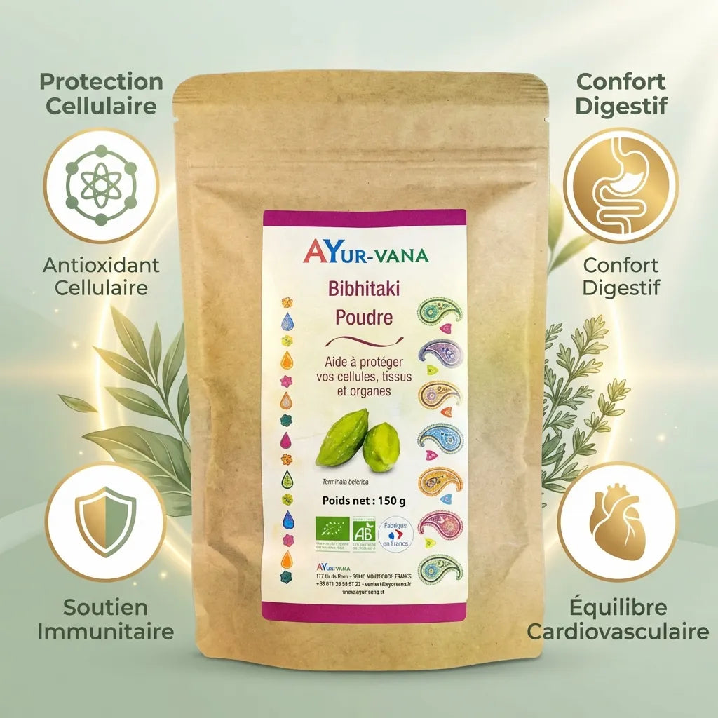 Bibhitaki poudre bio 150g Ayur-Vana avec bénéfices santé : digestion, immunité, antioxydants