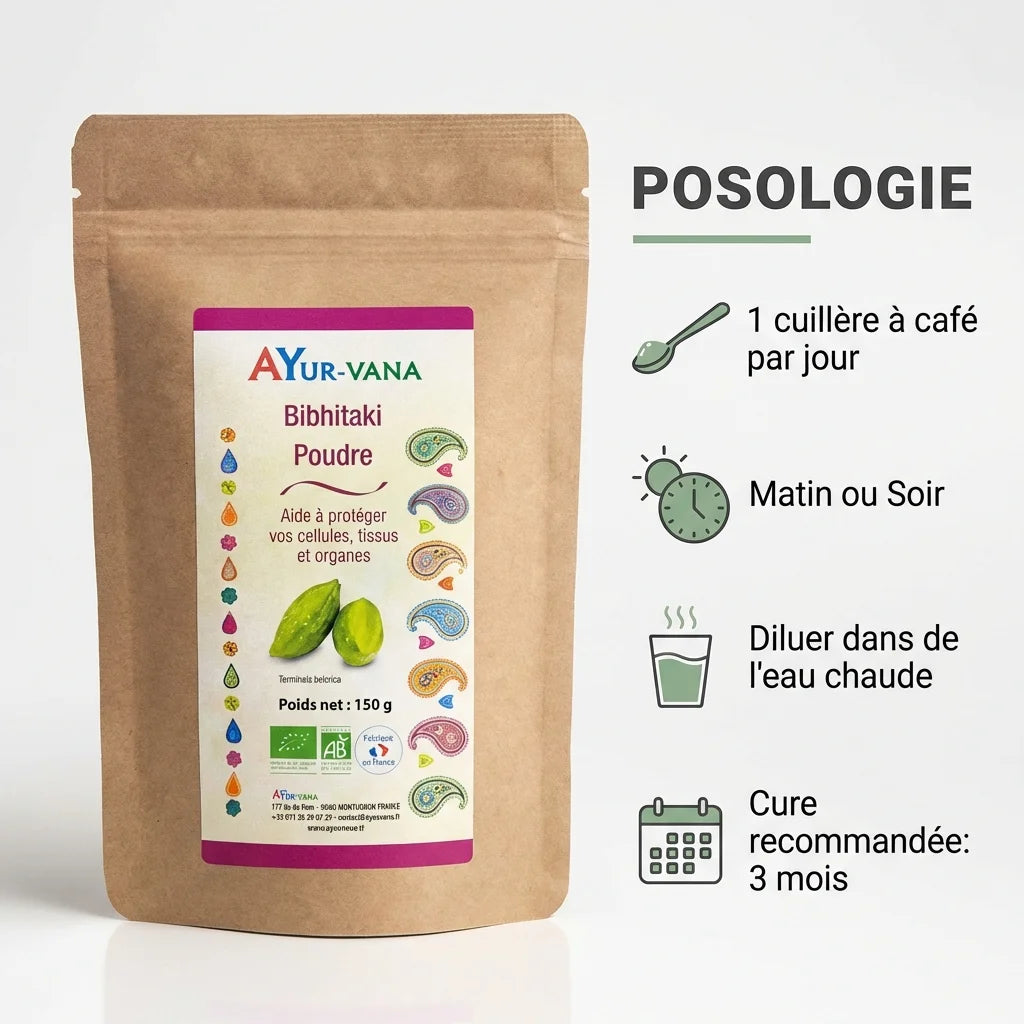 Bibhitaki bio poudre 150g Ayur-Vana avec posologie et mode d'emploi en français