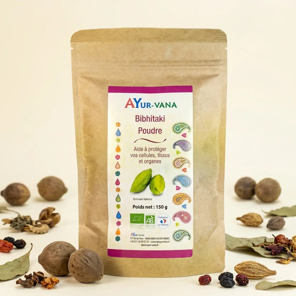 Bibhitaki bio en poudre 150g Ayur-Vana avec fruits Terminalia bellerica et ingrédients naturels