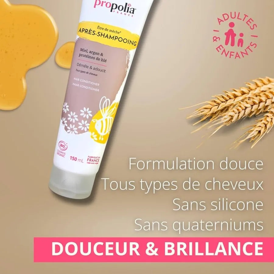 Les bienfaits de l'après-shampoing Miel, Argan et Protéines de Blé de 150ml de la marque Propolia
