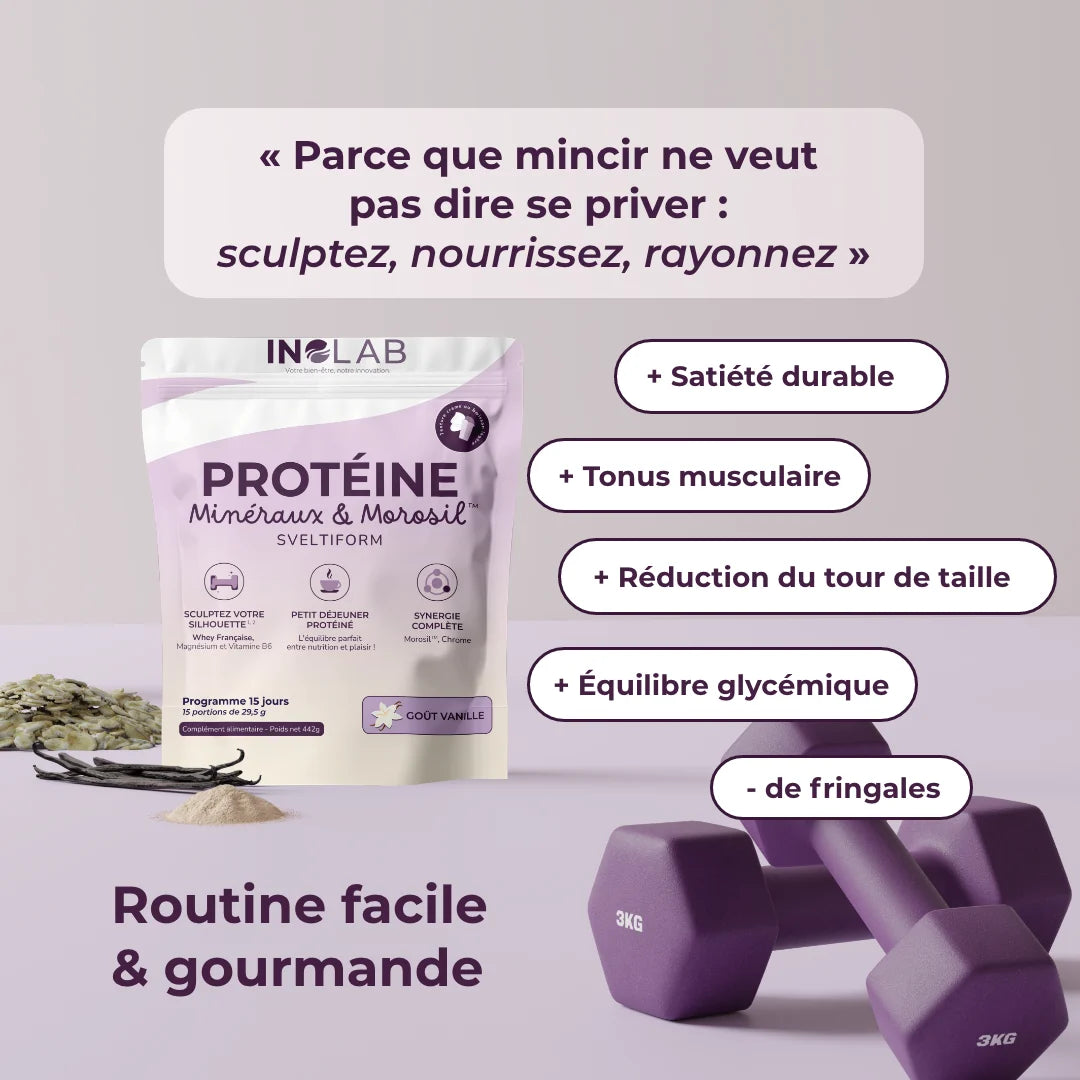 Effets positifs sur notre corps du sveltiforme de la marque INOLAB, on peut voir dans le fond des altères ainsi que le sachet de sveltiforme