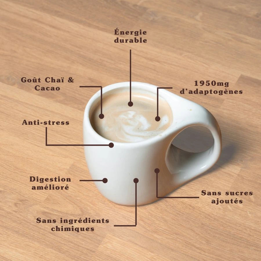 une tasse de café avec les avantages du supe chaï de la marque dyna