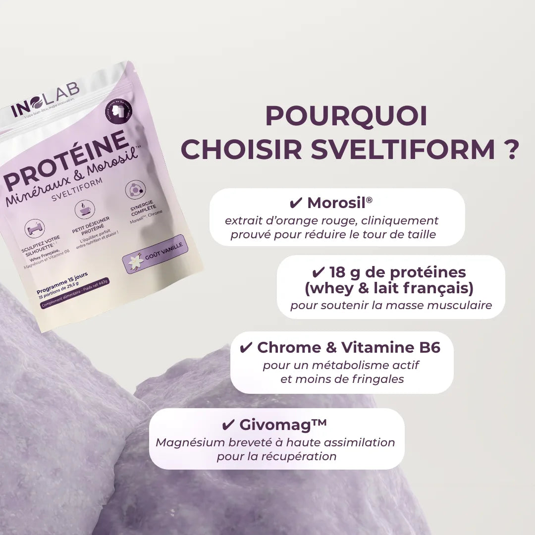 Explication de pourquoi choisir le sveltiforme de UNILAB, texte et image du sachet de sveltiforme
