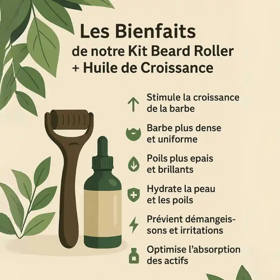 Liste des bienfaits de l'utilisation du kit Kit  Beard Roller + Huile de croissance pour Barbe 