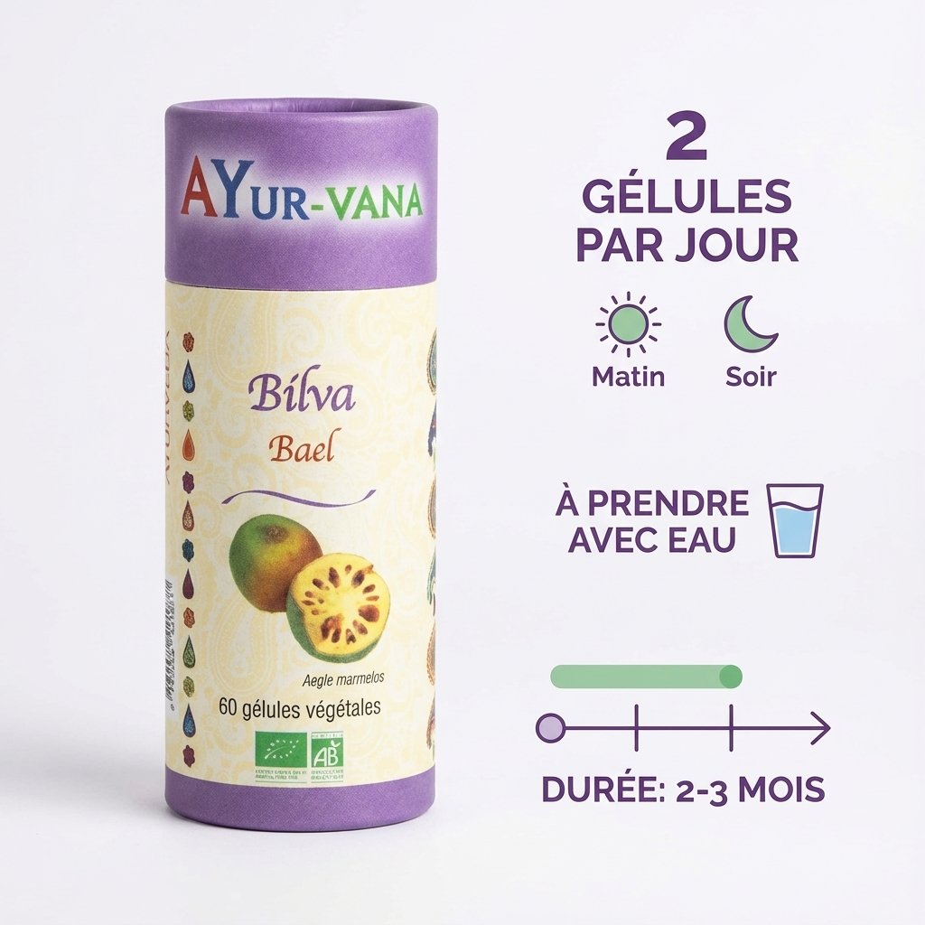 Bilva Bio 60 gélules Ayur-Vana avec guide posologie confort intestinal 2 gélules par jour
