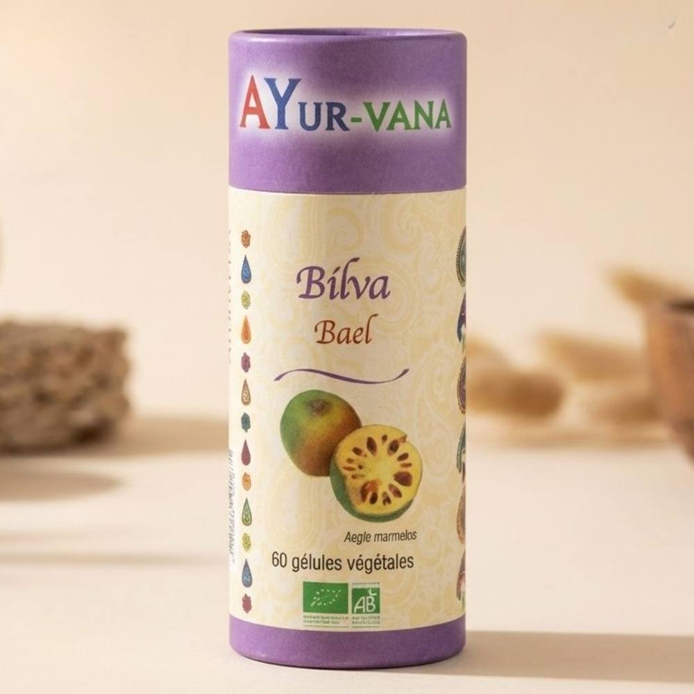 Un pilulier de 60 gélules de Bilva bio d'Ayurvana