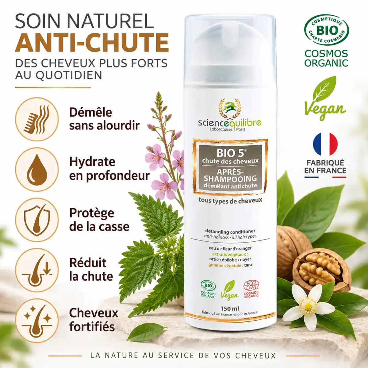 BIO 5 après-shampoing anti-chute bio 150ml avec ses 5 bénéfices: démêle, hydrate, protège, réduit chute, fortifie cheveux
