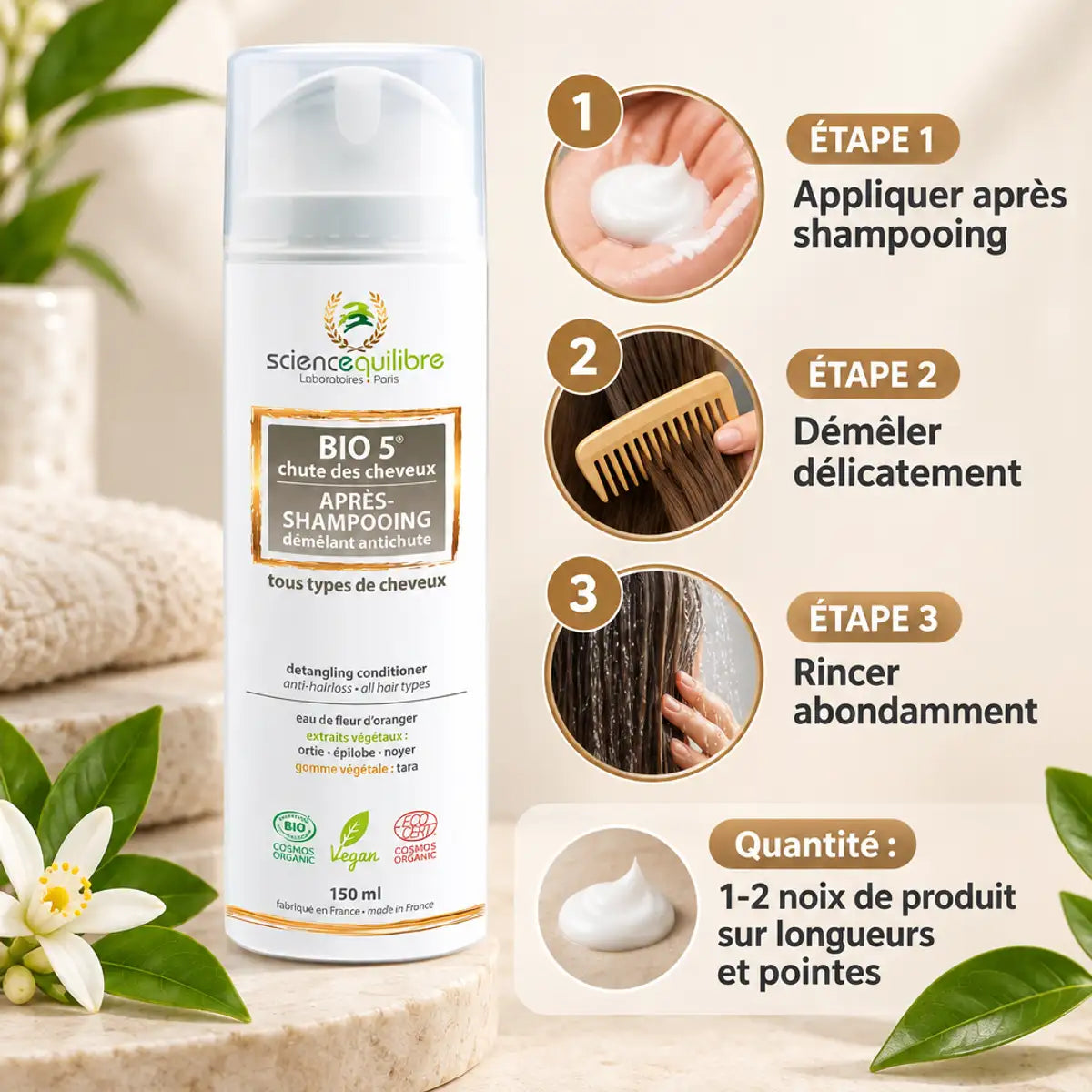 BIO 5 Après shampoing anti chute 150ml avec mode d'emploi et dosage en infographie