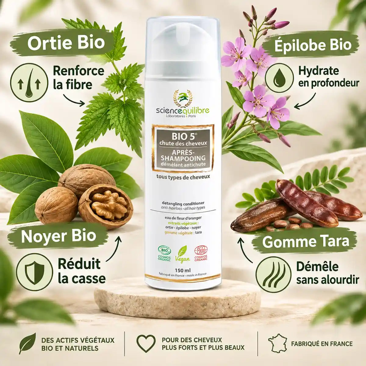 BIO 5 Après-shampoing anti-chute 150ml avec ingrédients biologiques - Ortie, Épilobe, Noyer, Gomme Tara