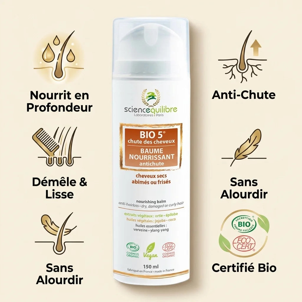 BIO 5 Baume Nourrissant Antichute 150ml avec 5 bénéfices: nourrit, anti-chute, démêle, léger, certifié bio