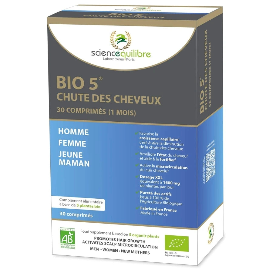 Une boite de 30 comprimés de BIO 5 chute des cheveux de la marque Science & Équilibre
