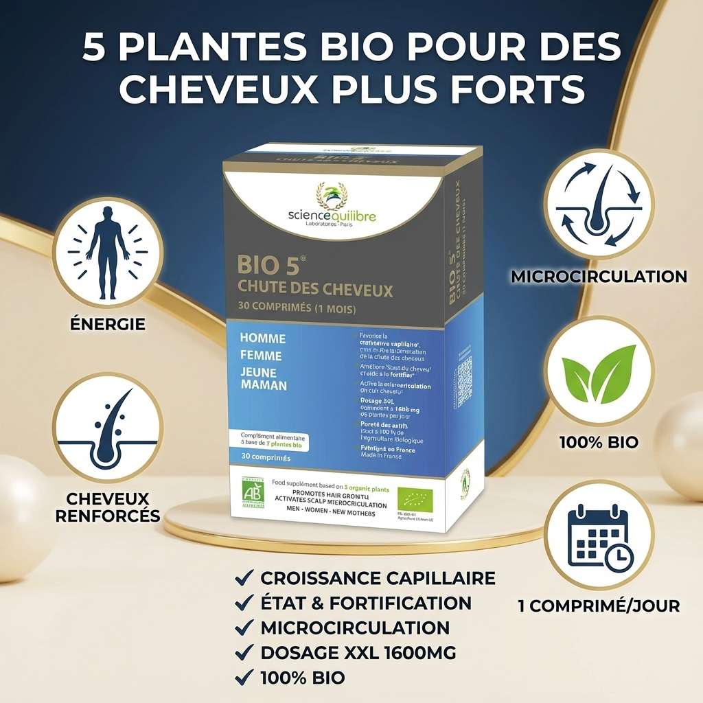 BIO 5 complément chute cheveux - 30 comprimés avec 5 plantes bio et bénéfices