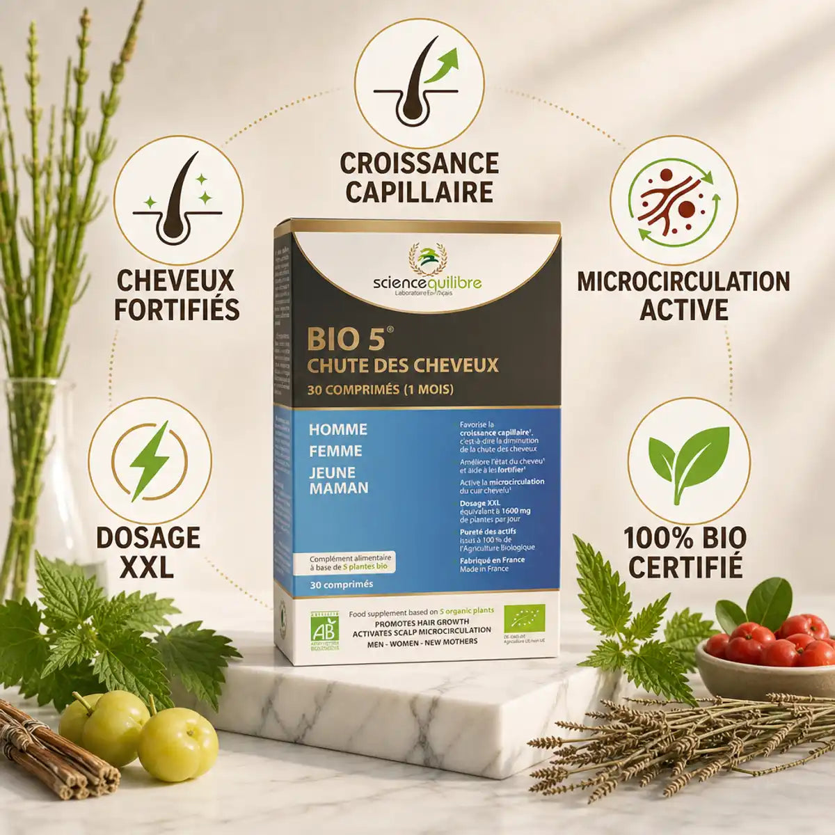 BIO 5 complément anti-chute cheveux 30 comprimés avec icônes bénéfices croissance fortification certification bio