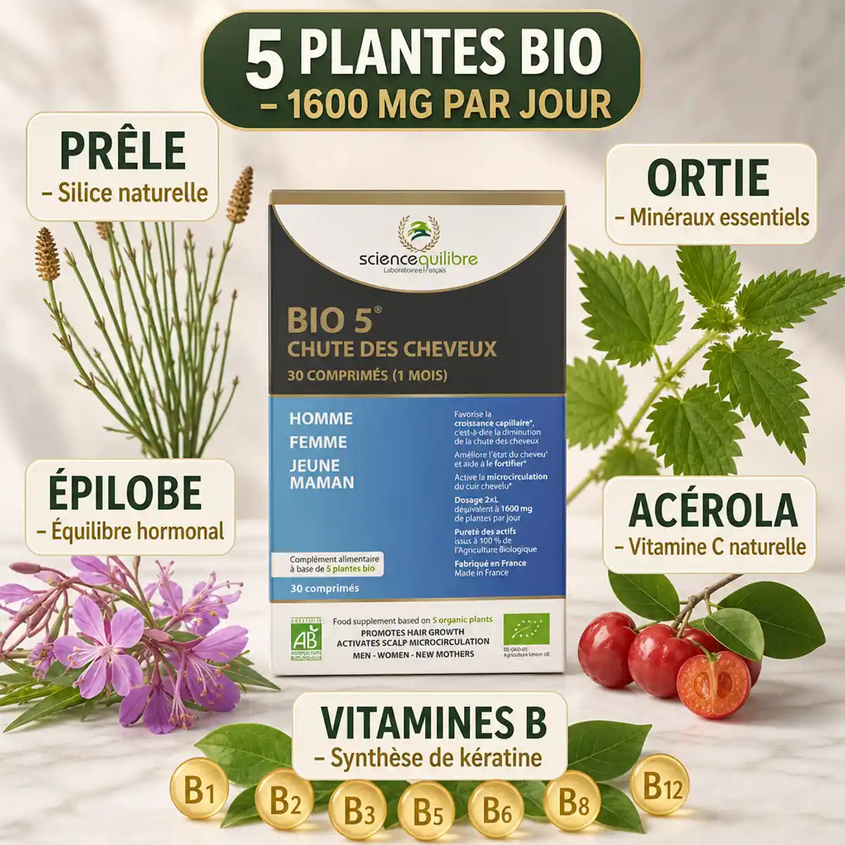 BIO 5 complément anti-chute cheveux avec prêle, ortie, épilobe, acérola et vitamines B