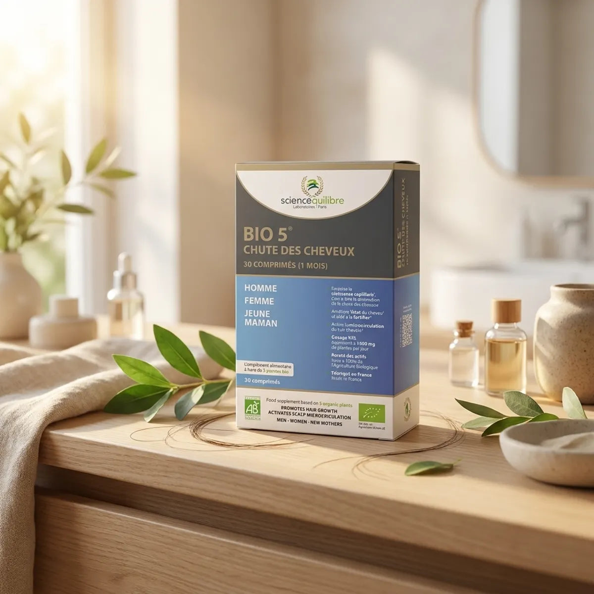 BIO 5 complément chute cheveux 30 comprimés boîte produit sur vanité bois avec feuilles vertes