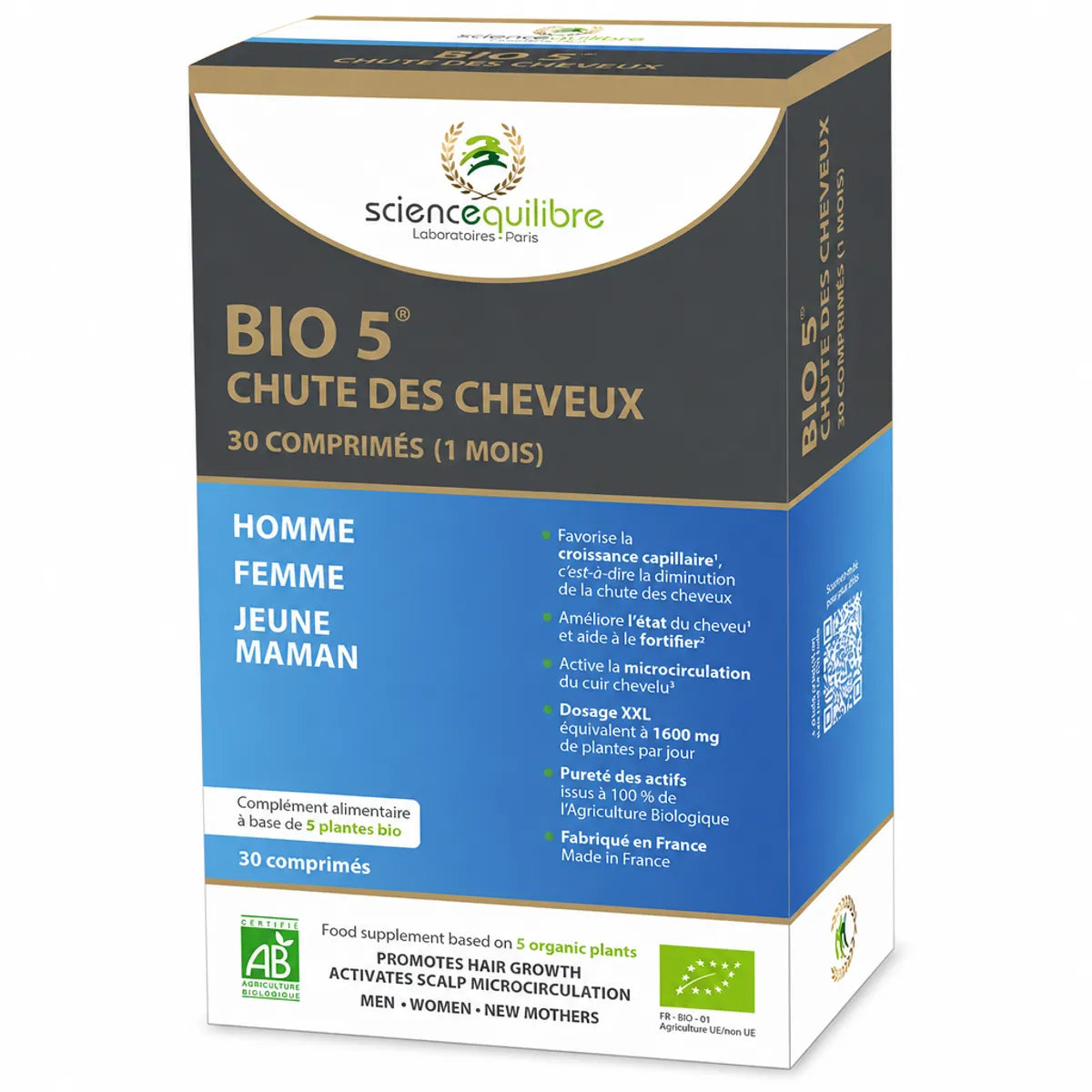 BIO 5 complément anti-chute cheveux 30 comprimés boîte Science & Équilibre fond blanc