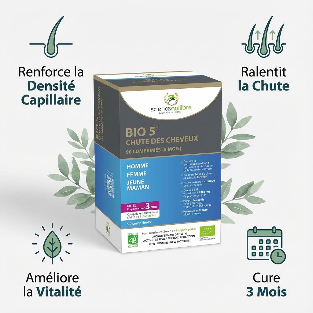 BIO 5 complément chute cheveux 90 comprimés avec bénéfices densité capillaire et vitalité