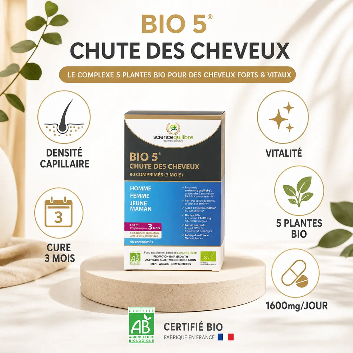 BIO 5 chute des cheveux - Complément capillaire bio 90 comprimés avec bénéfices densité et vitalité