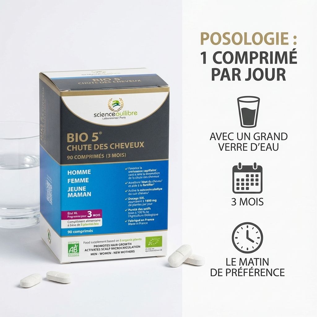 BIO 5 complément chute cheveux 90 comprimés posologie 1 par jour Science Équilibre