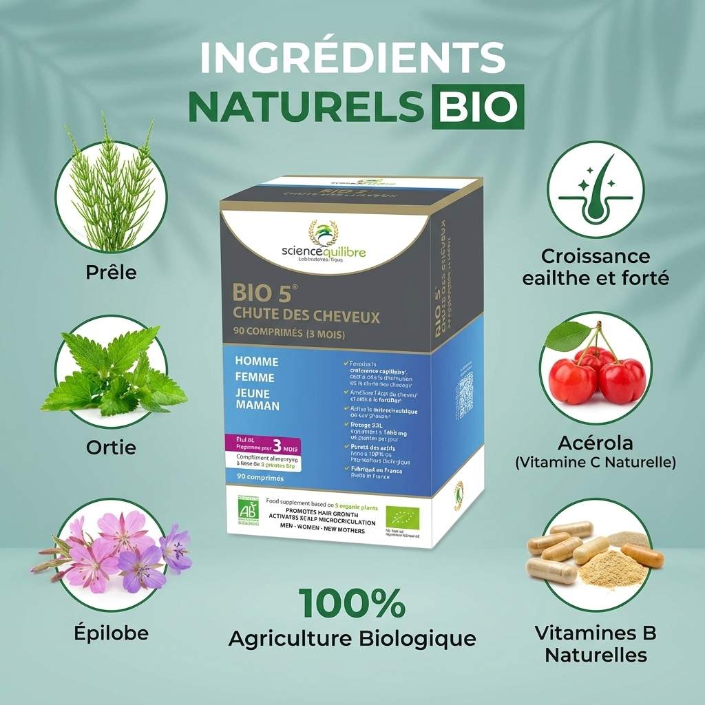 BIO 5 complément chute cheveux 90 comprimés avec ingrédients naturels prêle ortie épilobe