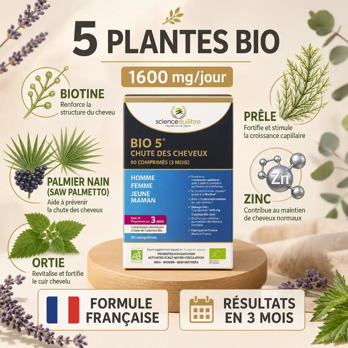 BIO 5 complément anti-chute 90 comprimés avec 5 plantes bio, formule française, résultats en 3 mois