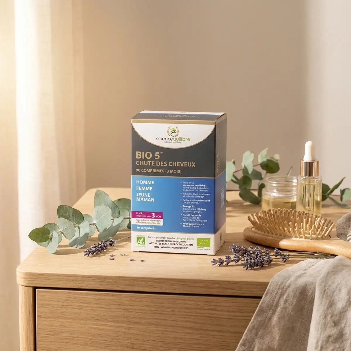 BIO 5 complément chute cheveux 90 comprimés avec accessoires bien-être et éléments botaniques naturels