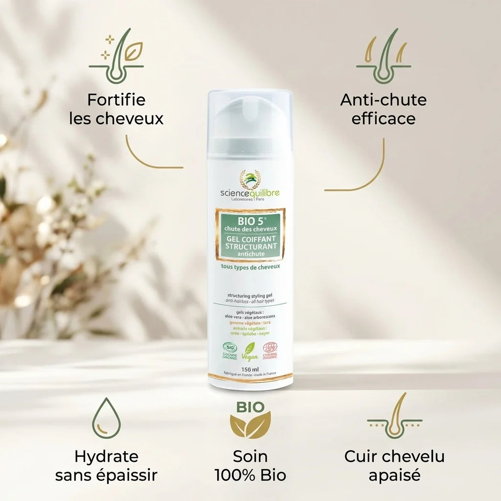 BIO 5 Gel Coiffant Antichute Bio 150ml avec bénéfices: fortifie cheveux, anti-chute efficace, hydrate, soin 100% bio