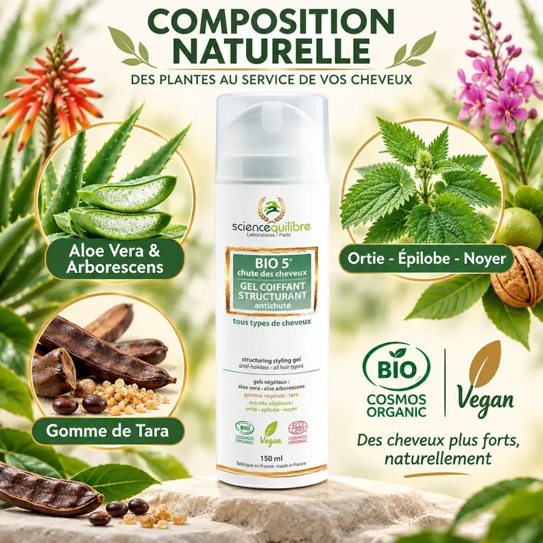 BIO 5 Gel Coiffant Antichute 150ml avec ingrédients naturels: Aloe Vera, Ortie, Épilobe et Noyer